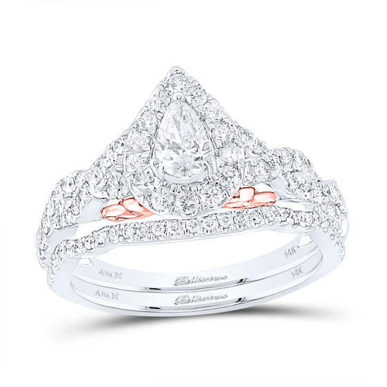 14k Two-tone Gold Pear Diamond Bridal Wedding Ring Band Set 1 Cttw