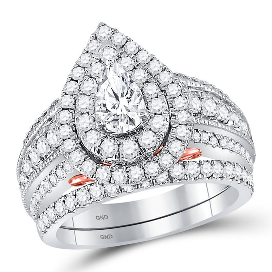 14k Two-tone Gold Pear Diamond Bridal Wedding Ring Band Set 2 Cttw
