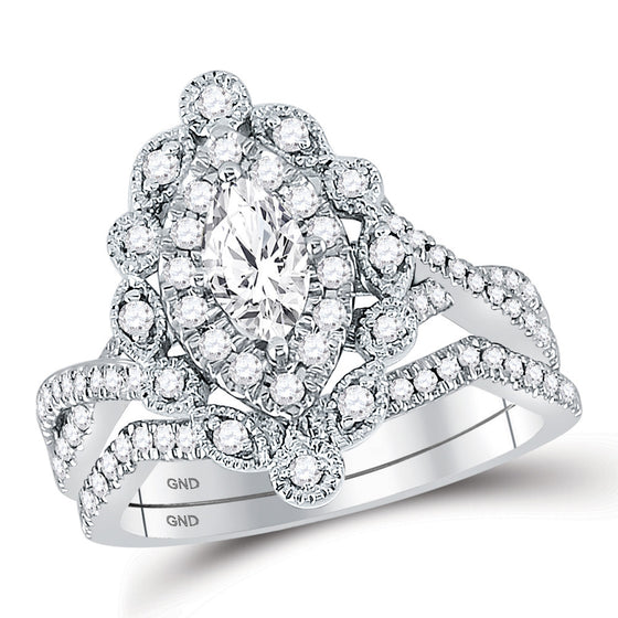 14k White Gold Marquise Diamond Halo Bridal Wedding Ring Band Set 1 Cttw