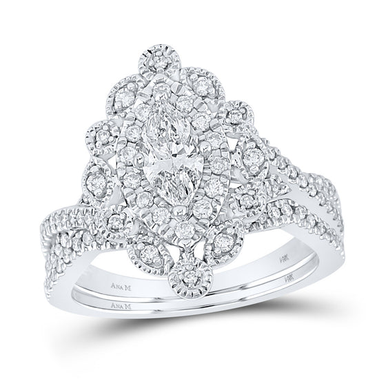 14k White Gold Marquise Diamond Halo Bridal Wedding Ring Band Set 1 Cttw