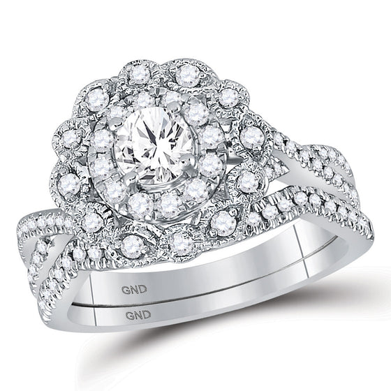 14k White Gold Round Diamond Halo Bridal Wedding Ring Band Set 1 Cttw