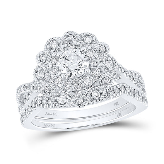 14k White Gold Round Diamond Halo Bridal Wedding Ring Band Set 1 Cttw