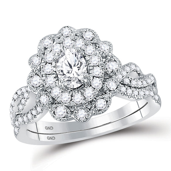 14k White Gold Oval Diamond Halo Bridal Wedding Ring Band Set 1 Cttw