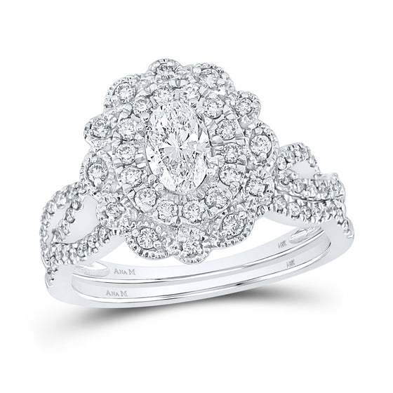 14k White Gold Oval Diamond Halo Bridal Wedding Ring Band Set 1 Cttw