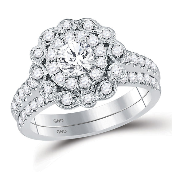 14k White Gold Round Diamond Halo Bridal Wedding Ring Band Set 1-1/4 Cttw