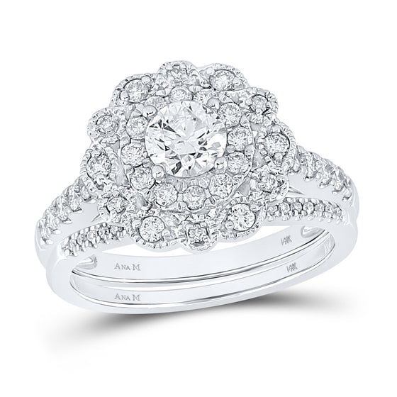 14k White Gold Round Diamond Halo Bridal Wedding Ring Band Set 1-1/4 Cttw