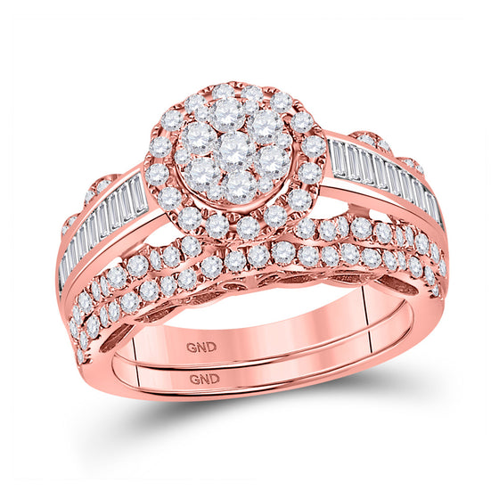 14k Rose Gold Round Diamond Cluster Bridal Wedding Ring Band Set 1-1/2 Cttw