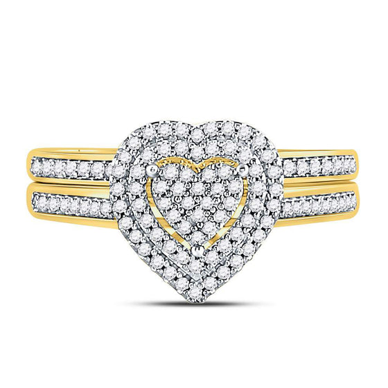 10k Yellow Gold Diamond Heart Bridal Wedding Ring Band Set 1/3 Cttw