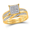 10k Yellow Gold His Hers Round Diamond Square Matching Wedding Set 1/5 Cttw
