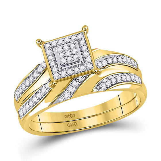 10k Yellow Gold His Hers Round Diamond Cluster Matching Wedding Set 1/4 Cttw