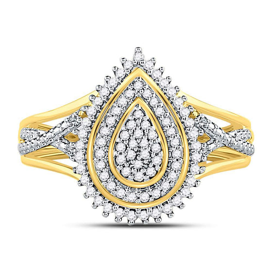 10k Yellow Gold Womens Round Diamond Concentric Teardrop Cluster Ring 1/4 Cttw