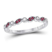  10k White Gold Womens Round Ruby Diamond Stackable Band Ring 1/8 Cttw