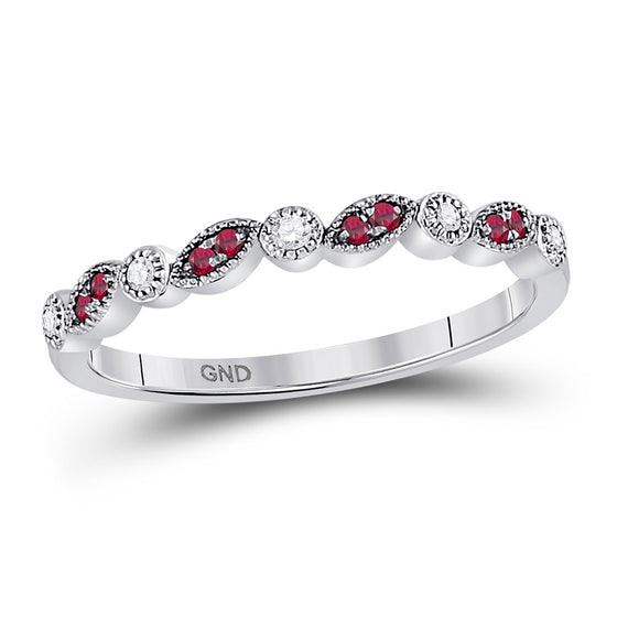 10k White Gold Womens Round Ruby Diamond Stackable Band Ring 1/8 Cttw