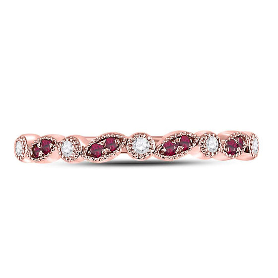 10k Rose Gold Womens Round Ruby Diamond Marquise Dot Stackable Band Ring 1/8 Cttw