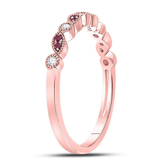 10k Rose Gold Womens Round Ruby Diamond Marquise Dot Stackable Band Ring 1/8 Cttw