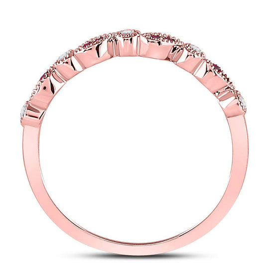 10k Rose Gold Womens Round Ruby Diamond Marquise Dot Stackable Band Ring 1/8 Cttw