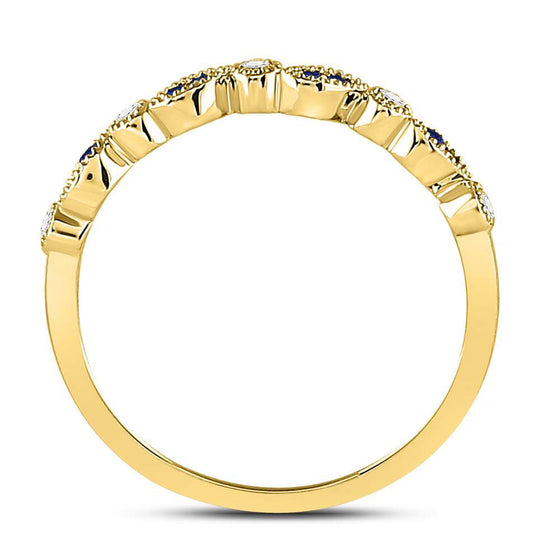 10k Yellow Gold Womens Round Blue Sapphire Diamond Stackable Band Ring 1/10 Cttw