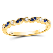  10k Yellow Gold Womens Round Blue Sapphire Diamond Stackable Band Ring 1/10 Cttw