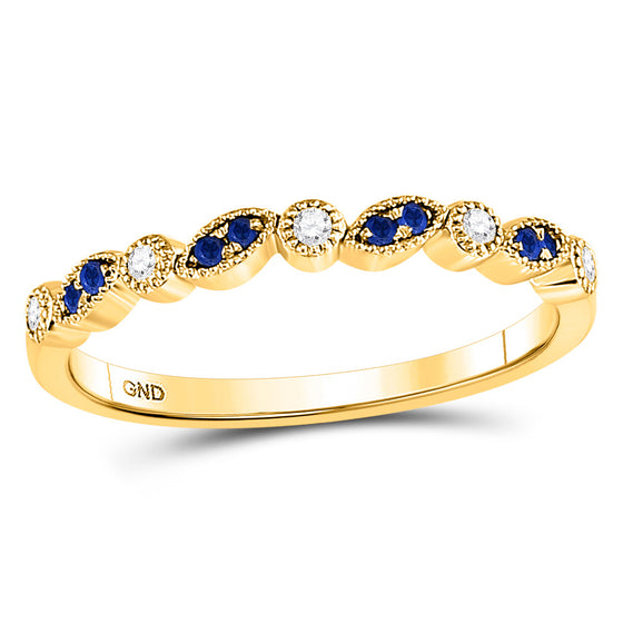 10k Yellow Gold Womens Round Blue Sapphire Diamond Stackable Band Ring 1/10 Cttw