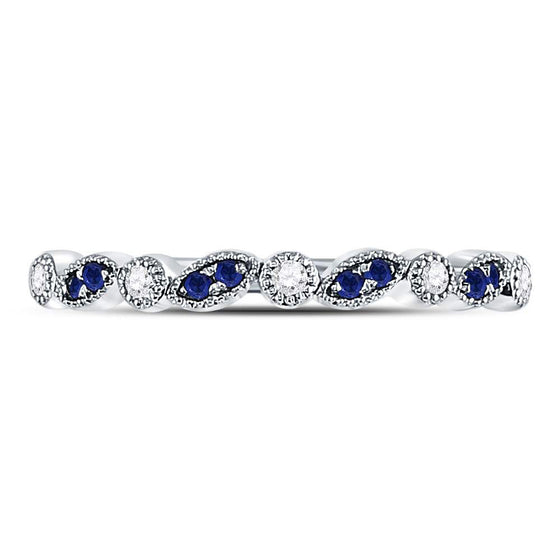 10k White Gold Womens Round Blue Sapphire Diamond Stackable Band Ring 1/10 Cttw