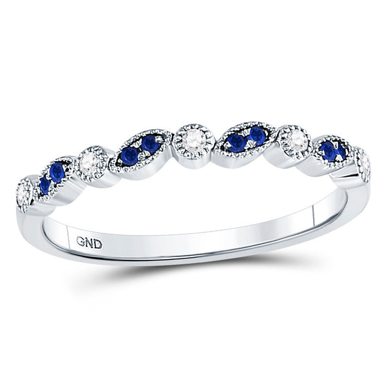10k White Gold Womens Round Blue Sapphire Diamond Stackable Band Ring 1/10 Cttw