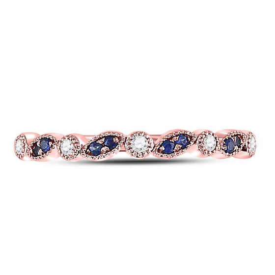 10k Rose Gold Womens Round Blue Sapphire Diamond Stackable Band Ring 1/10 Cttw