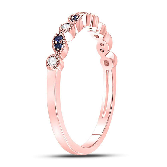 10k Rose Gold Womens Round Blue Sapphire Diamond Stackable Band Ring 1/10 Cttw