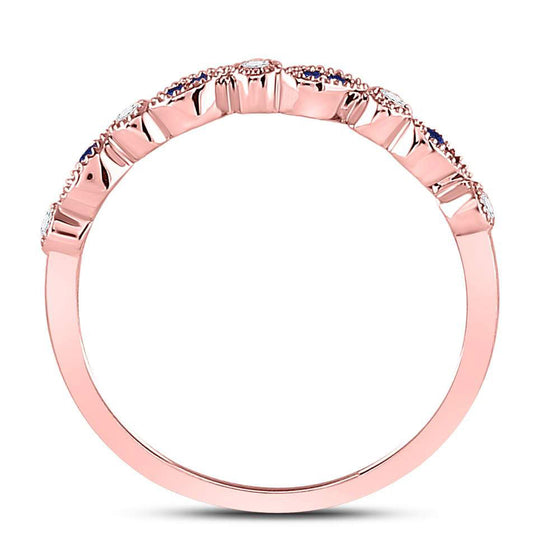 10k Rose Gold Womens Round Blue Sapphire Diamond Stackable Band Ring 1/10 Cttw