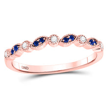  10k Rose Gold Womens Round Blue Sapphire Diamond Stackable Band Ring 1/10 Cttw
