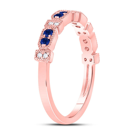 10k Rose Gold Womens Round Blue Sapphire Diamond Stackable Band Ring 1/4 Cttw