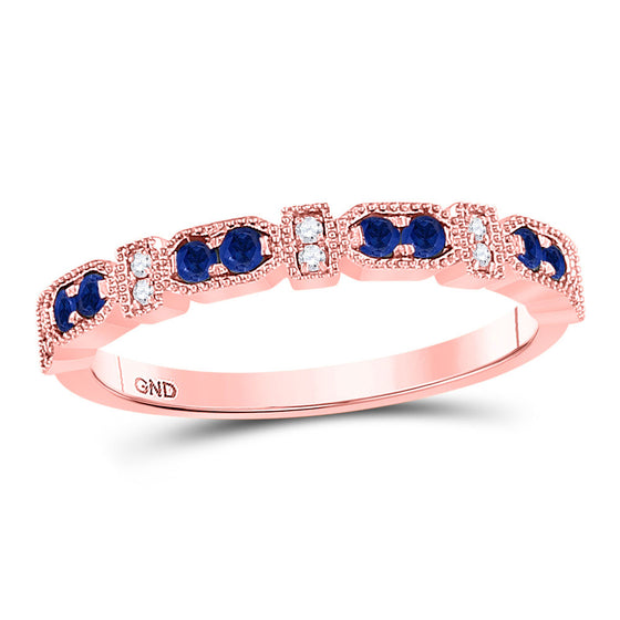 10k Rose Gold Womens Round Blue Sapphire Diamond Stackable Band Ring 1/4 Cttw