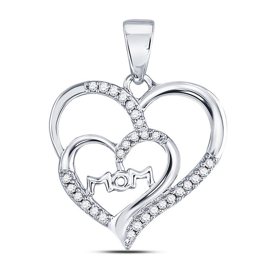 10k White Gold Womens Round Diamond Mom Double Heart Pendant 1/8 Cttw