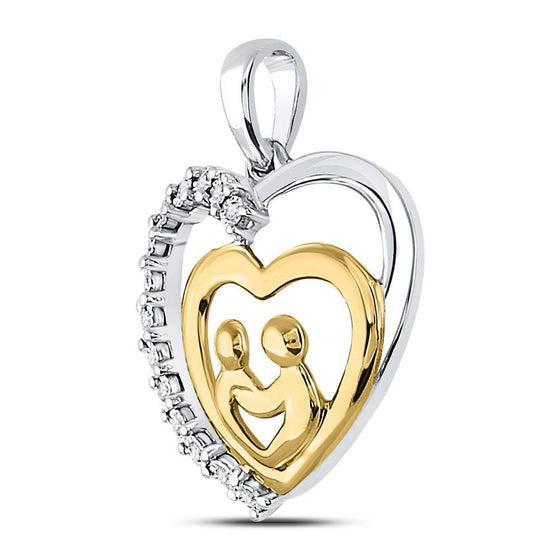 10k Two-tone Gold Womens Round Diamond Mom Child Heart Pendant 1/20 Cttw