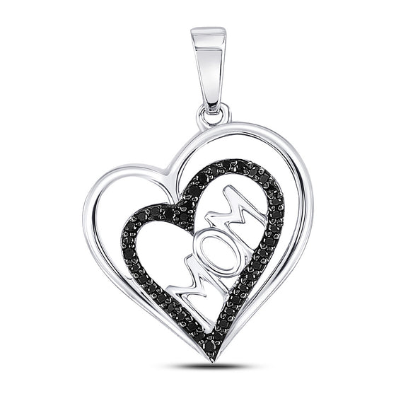 10k White Gold Womens Round Black Color Enhanced Diamond Mom Heart Pendant 1/8 Cttw