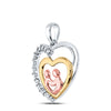 10k Two-tone Gold Womens Round Diamond Child Mom Heart Pendant 1/20 Cttw