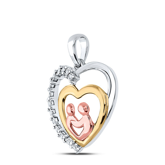 10k Two-tone Gold Womens Round Diamond Child Mom Heart Pendant 1/20 Cttw