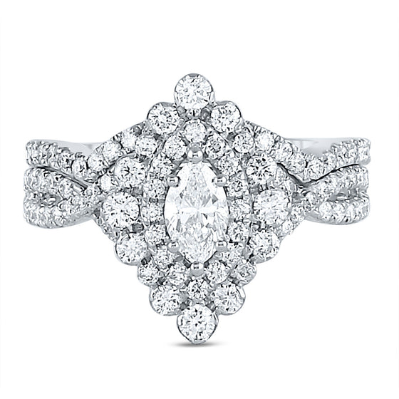 14k White Gold Marquise Diamond Halo Bridal Wedding Ring Band Set 1-7/8 Cttw