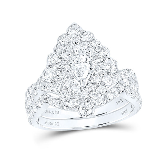 14k White Gold Marquise Diamond Halo Bridal Wedding Ring Band Set 1-7/8 Cttw