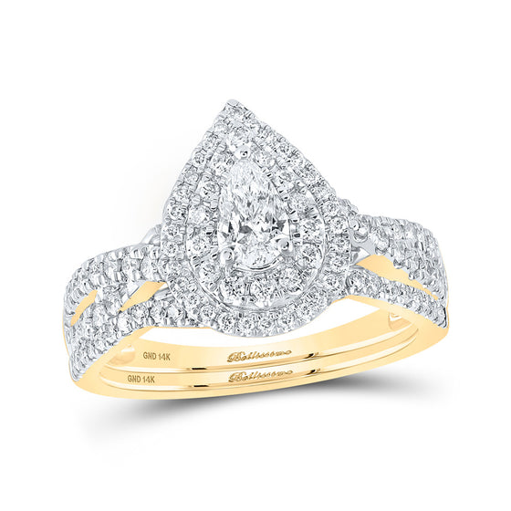 14k Yellow Gold Pear Diamond Bridal Wedding Ring Band Set 1 Cttw