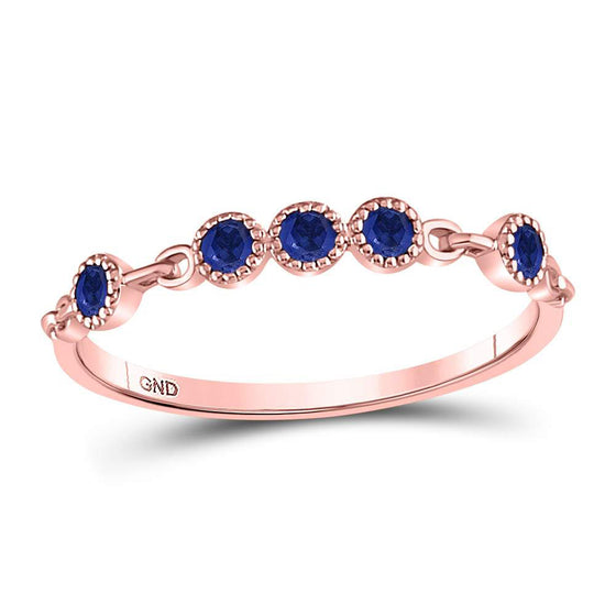 10k Rose Gold Womens Round Blue Sapphire Dot Stackable Band Ring 1/5 Cttw