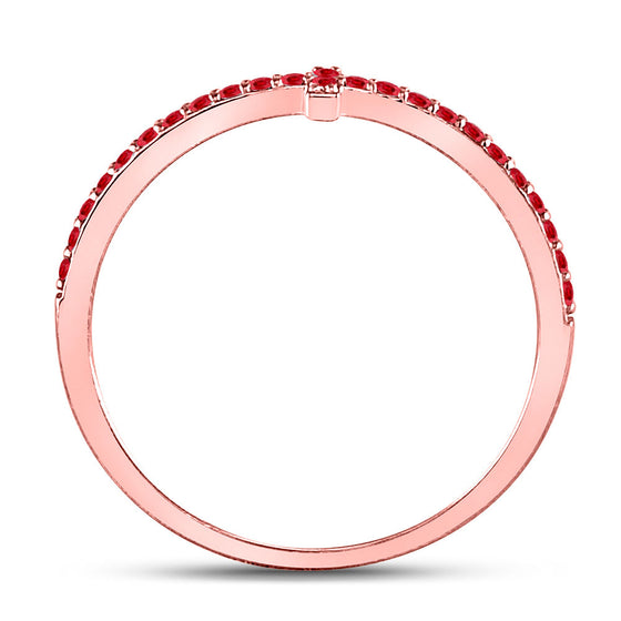 10k Rose Gold Womens Round Ruby Cross Stackable Band Ring 1/6 Cttw