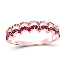  10k Rose Gold Womens Round Ruby Scalloped Stackable Band Ring 1/4 Cttw