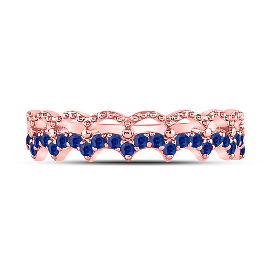 10k Rose Gold Womens Round Blue Sapphire Scalloped Stackable Band Ring 1/4 Cttw
