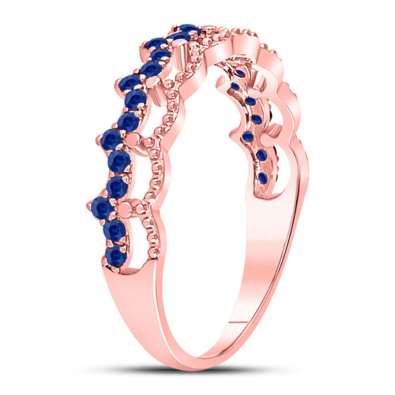 10k Rose Gold Womens Round Blue Sapphire Scalloped Stackable Band Ring 1/4 Cttw