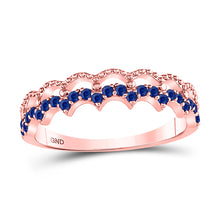  10k Rose Gold Womens Round Blue Sapphire Scalloped Stackable Band Ring 1/4 Cttw