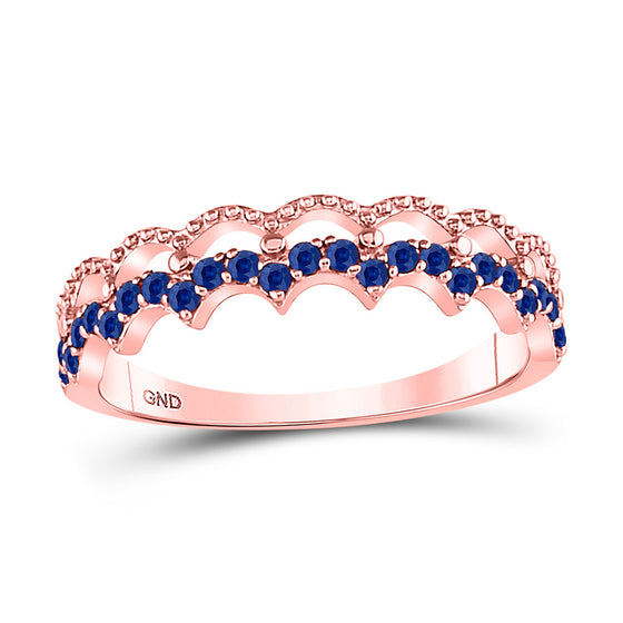 10k Rose Gold Womens Round Blue Sapphire Scalloped Stackable Band Ring 1/4 Cttw