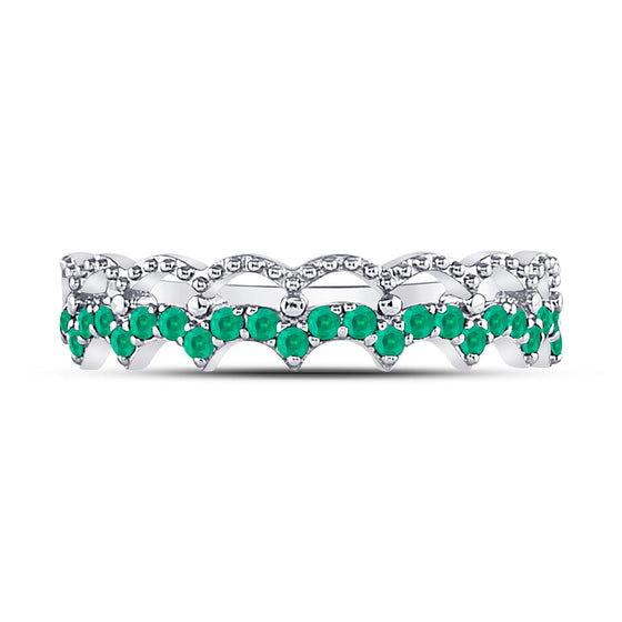 10k White Gold Womens Round Emerald Scalloped Stackable Band Ring 1/4 Cttw