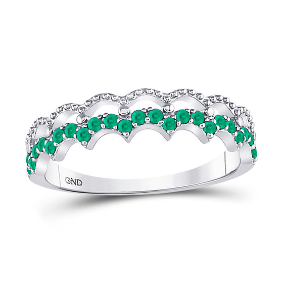 10k White Gold Womens Round Emerald Scalloped Stackable Band Ring 1/4 Cttw