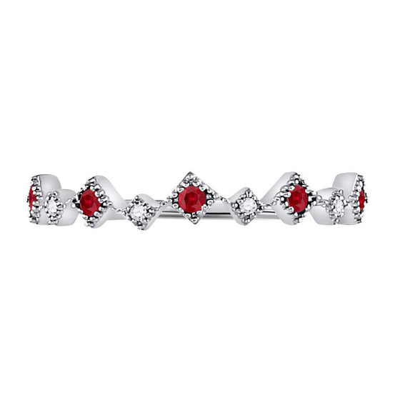 10k White Gold Womens Round Ruby Diamond Milgrain Square Stackable Band Ring 1/8 Cttw