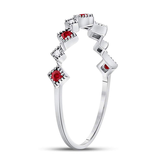 10k White Gold Womens Round Ruby Diamond Milgrain Square Stackable Band Ring 1/8 Cttw